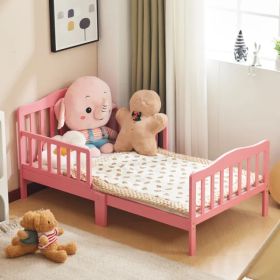 Single-layer Vertical Plank Bed With Side Railings, Pink, 135*75*62.5cm, Wooden Bed, Pine, Children's