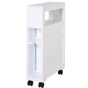 Slim Bathroom Storage Cabinet Narrow with Shelf 2 Drawers 4 Casters Floor Organizer White
