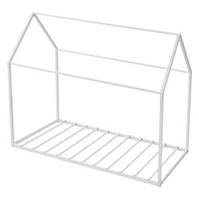 Twin Size House Bed Frame, Metal Kids Floor Bed Frame with Roof, Heavy Duty Steel Slats Support, House Shape Bedframe for Girls and Boys