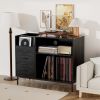 Eco-Friendly Record Player Stand with Flip-Top - Wood Vinyl Storage Cabinet with 2-Outlet Power Strip, Drawers & Dustproof Cubbies