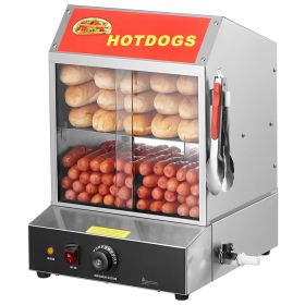 Hot Dog Steamer, 28.5QT, 2-Tier Hot Dog Hut Steamer, 86-185 F Temp Control, Electric Bun Warmer with Tempered Glass Slide Doors Partition Plate Tong