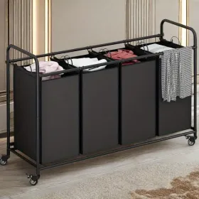 4 Bag Black Laundry Sorter Hamper Cart with Heavy Duty Lockable Wheels and Removable Bags Clothes Organizer Basket for Home Bedroom Laundry Room