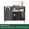 Eco-Friendly Record Player Stand with Flip-Top - Wood Vinyl Storage Cabinet with 2-Outlet Power Strip, Drawers & Dustproof Cubbies