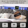 Full Bed Frame with Storage Headboard, Charging Station and LED Lights, Upholstered Platform Bed with Heavy Metal Slats, No Box Spring Needed