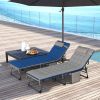 Outdoor Chaise Lounge Chair Set of 2, 5-Level Adjustable Folding Pool Lounge Chairs with Cushions, Brown/Blue