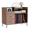 Record Player Stand with Storage for 500+ Albums, Mid-Century Modern Turntable Shelf & Drawers Sturdy Wood & Metal Audio Console for Living Room