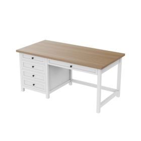 Fixed desk,Computer Desk with Drawers & Power Outlets,Work from Home, Modern Work/Writing/Study Table for Bedroom, White and Wood