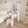 Modern Mini Dressing Table with LED-lit Mirror & Hidden Storage,Includes Padded Stool,Adjustable Brightness Vanity Desk,Multi-tier Dust-proof Shelves