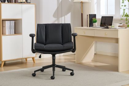 Leather Criss Cross Chair with Flip-Up Armrests, Cross Legged Office Chair on Wheels (Color: Black)