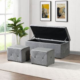 1 Piece Rectangular Storage Ottoman Short velvet with 2 Set Ottomans (Color: Light gray)