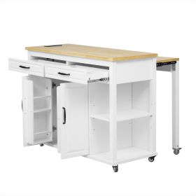 47 inch Kitchen Island with Extendable Dining Table, Rubber Wood Veneer Kitchen Table with Internal Storage Rack, Power Outlet (Material: MDF,Rubber Wood, Color: White)