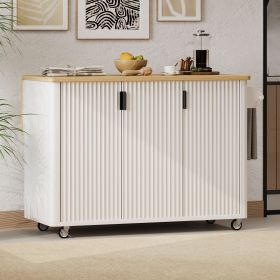 51" Fluted Kitchen Island with Drop Leaf, Farmhouse Accent Kitchen Island on Wheels with Internal Storage Rack (Material: MDF,Pine, Color: White)