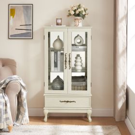 Curio Cabinet Lighted Glass Cabinet Glass Wine Cabinet Curio Display Cabinet with Adjustable Glass Shelves 2 Doors and 1 drawer Cabinet Sideboard With (Material: MDF+glass, Color: Antique White)