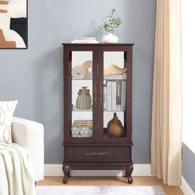 Curio Cabinet Lighted Glass Cabinet Glass Wine Cabinet Curio Display Cabinet with Adjustable Glass Shelves 2 Doors and 1 drawer Cabinet Sideboard With (Material: MDF+glass, Color: Cherry)