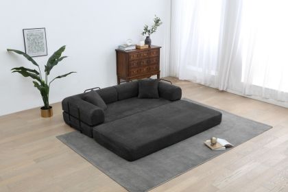 77.9'' Convertible Folding Sofa Bed â€“ 4-in-1 Modular Floor Couch, Corduroy Small Cloud Couch, Compressed Foldable Sleeper Sofa (Color: Black)